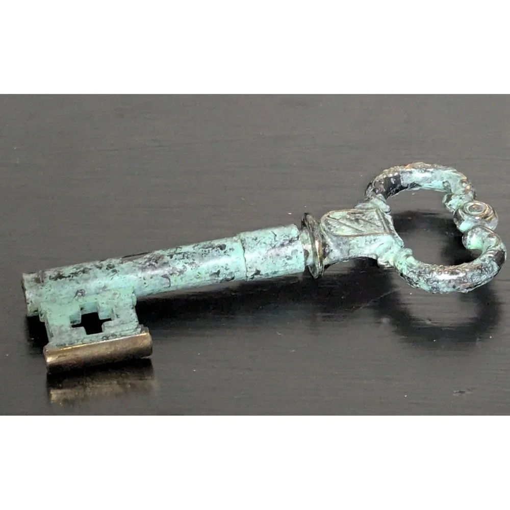 Vintage 1970s Brass Skeleton Key Corkscrew and Bottle Opener Heavily Oxidized‎